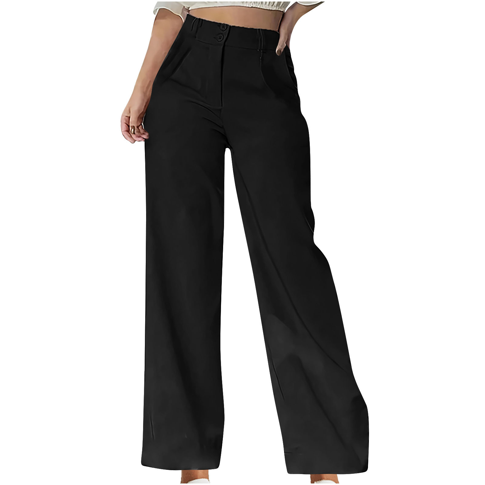 Wyobmus Women's Dress Pants Solid Color Versatile Straight Leg High Waist Baggy Suit Trousers Black